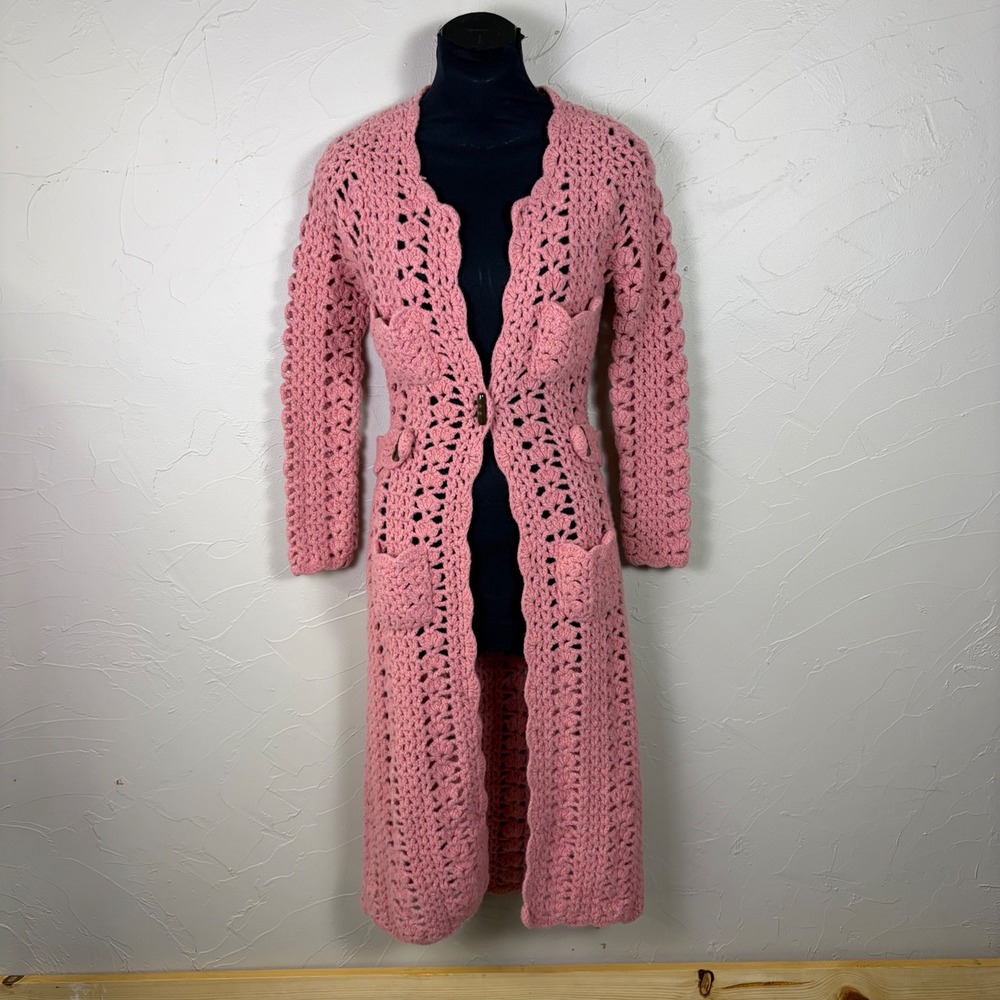 Vintage Tracy Reese Wool Crochet Duster Size P XS Boho Open Knit Cottagecore